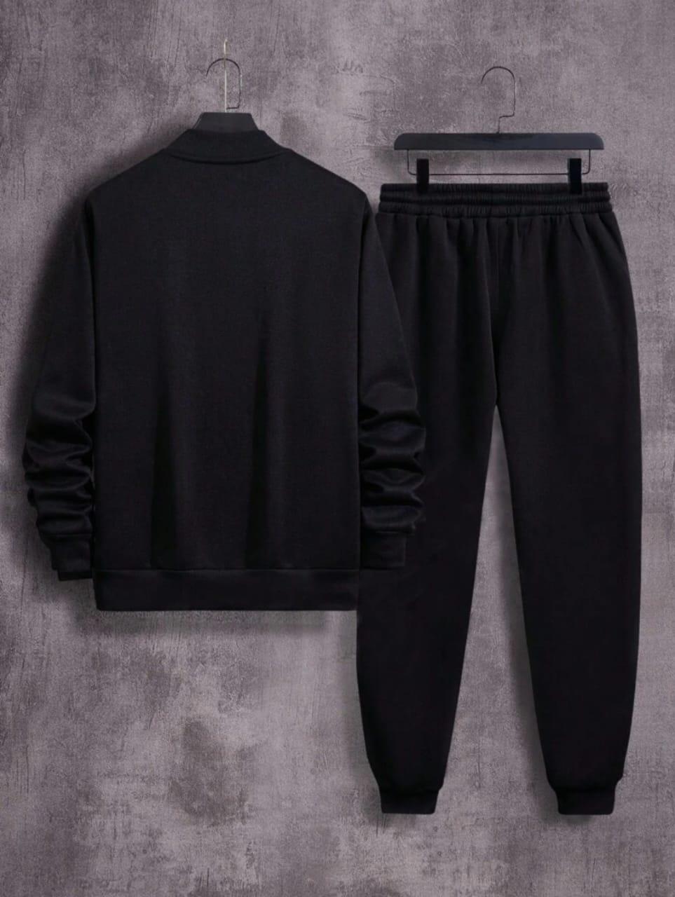 Men’s Premium Fleece Zipper Track Suit – 2 Pcs Plain Warm Sportswear Set | Black