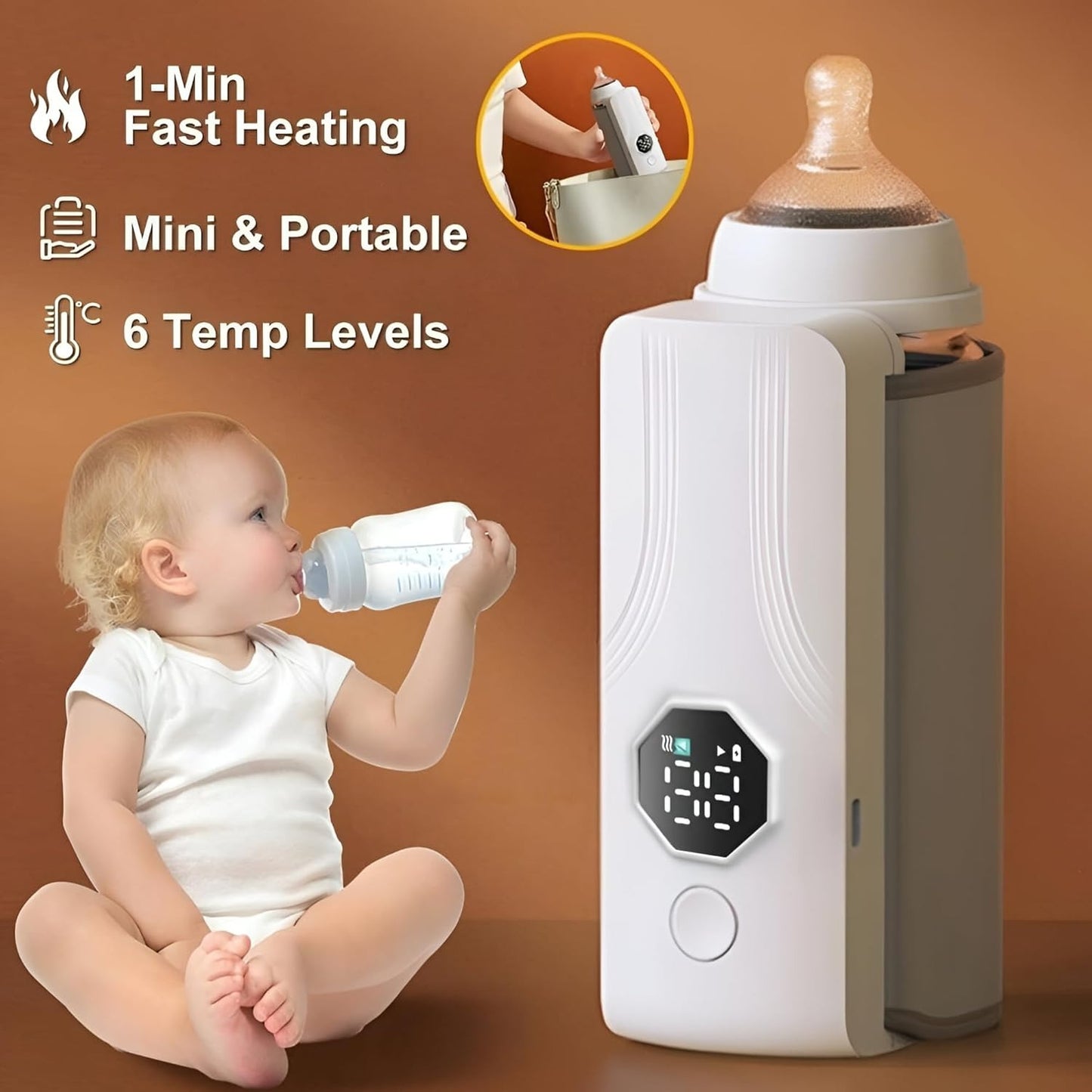 Portable Rechargeable Baby Bottle Warmer – Fast 1-Minute Heating, USB Powered | 6 Temperature Levels, Travel-Friendly Milk Heater for Babies h1