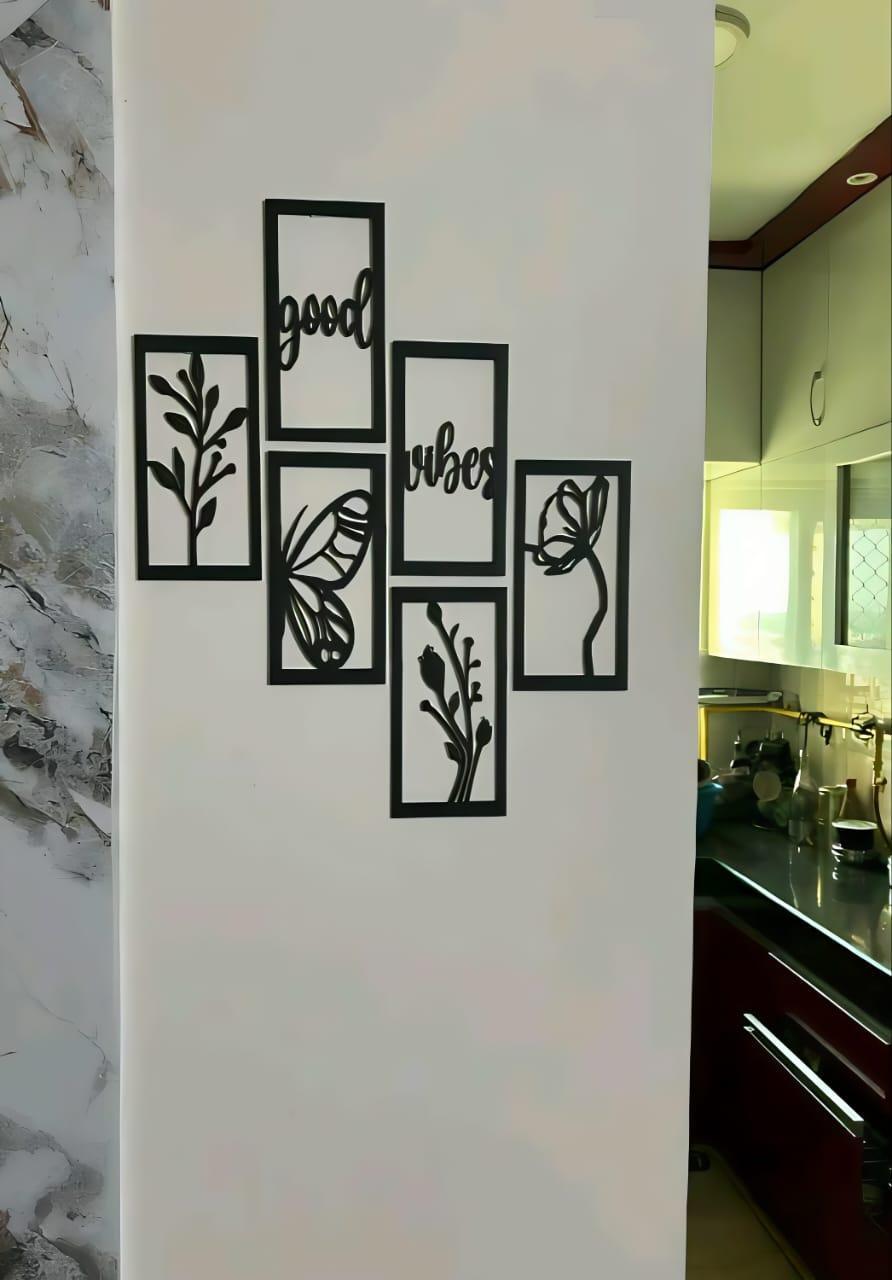 "Good Vibes" Butterfly & Floral Wall Art 6-Piece Frame Set | Black MDF Wood 26x20" | Abstract Design