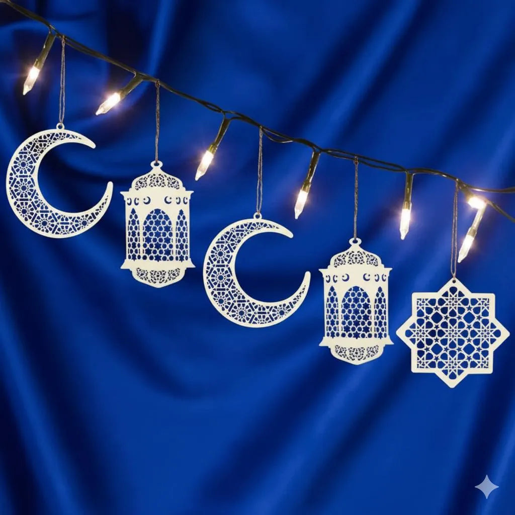Ramzan Eid Decorative Wooden Wall Hangings 5 Pcs Set | Crescent Moon & Lantern String | White MDF 8x8"