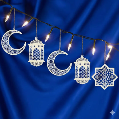 Ramzan Eid Decorative Wooden Wall Hangings 5 Pcs Set | Crescent Moon & Lantern String | White MDF 8x8"