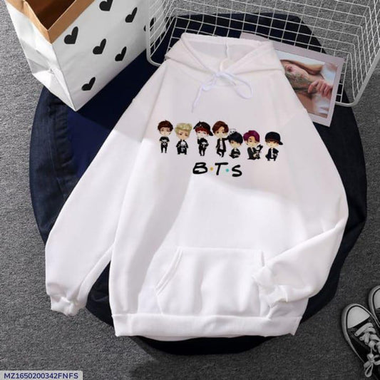 Women's Fleece Printed Pullover Hoodie - White Hooded Top