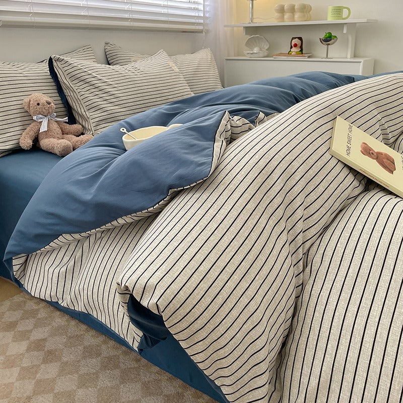 4-Piece Plaid Bedding Set | Brushed Cotton Bed Sheet + Duvet Cover + Fitted Sheet | Student Dorm & Home Use