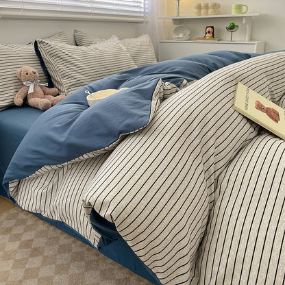 4-Piece Plaid Bedding Set | Brushed Cotton Bed Sheet + Duvet Cover + Fitted Sheet | Student Dorm & Home Use