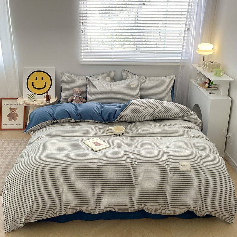 4-Piece Plaid Bedding Set | Brushed Cotton Bed Sheet + Duvet Cover + Fitted Sheet | Student Dorm & Home Use