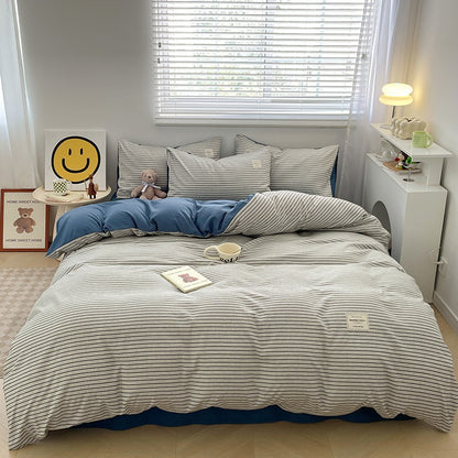 4-Piece Plaid Bedding Set | Brushed Cotton Bed Sheet + Duvet Cover + Fitted Sheet | Student Dorm & Home Use