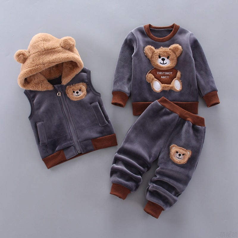 Children's Winter Clothing 3-Piece Set | Boys Fleece Sweater + Girls Hooded Vest + Padded Pants | Warm Outfit