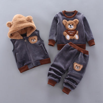 Children's Winter Clothing 3-Piece Set | Boys Fleece Sweater + Girls Hooded Vest + Padded Pants | Warm Outfit