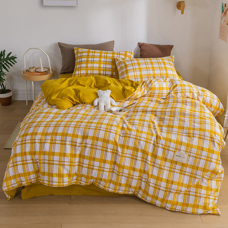 4-Piece Plaid Bedding Set | Brushed Cotton Bed Sheet + Duvet Cover + Fitted Sheet | Student Dorm & Home Use