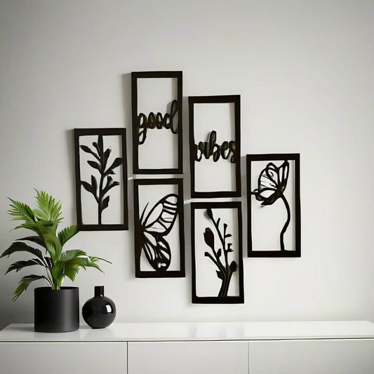 "Good Vibes" Butterfly & Floral Wall Art 6-Piece Frame Set | Black MDF Wood 26x20" | Abstract Design
