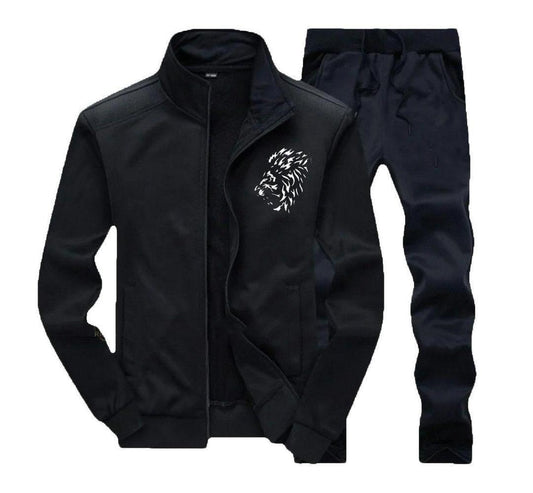 Men’s Polyester Zipper Track Suit – 2 Pcs Plain Activewear Set | Round Neck | Black