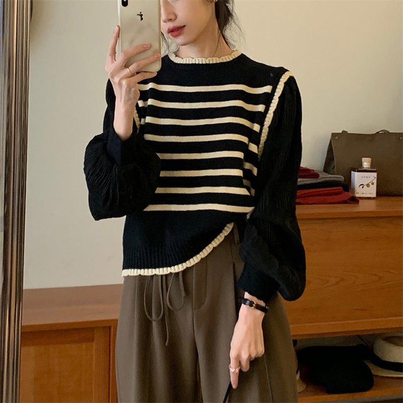 Women's Korean Style Knitwear Top - Fake Two Piece Sweater