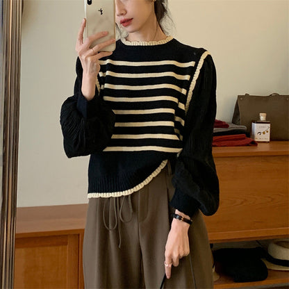 Women's Korean Style Knitwear Top - Fake Two Piece Sweater