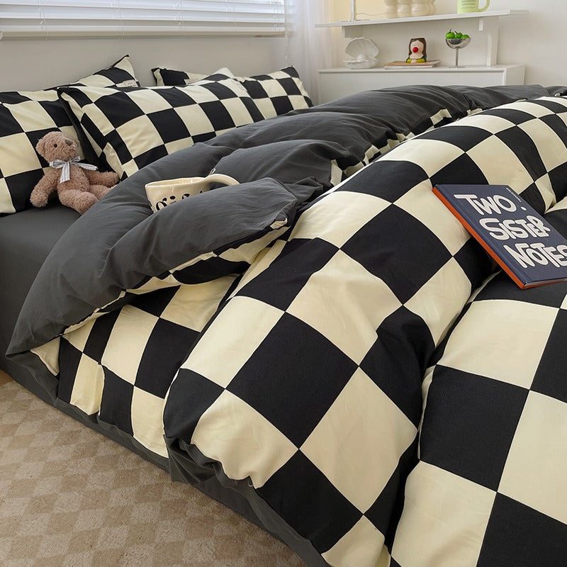 4-Piece Plaid Bedding Set | Brushed Cotton Bed Sheet + Duvet Cover + Fitted Sheet | Student Dorm & Home Use