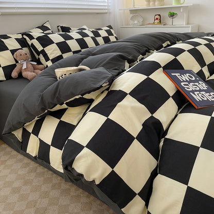 4-Piece Plaid Bedding Set | Brushed Cotton Bed Sheet + Duvet Cover + Fitted Sheet | Student Dorm & Home Use