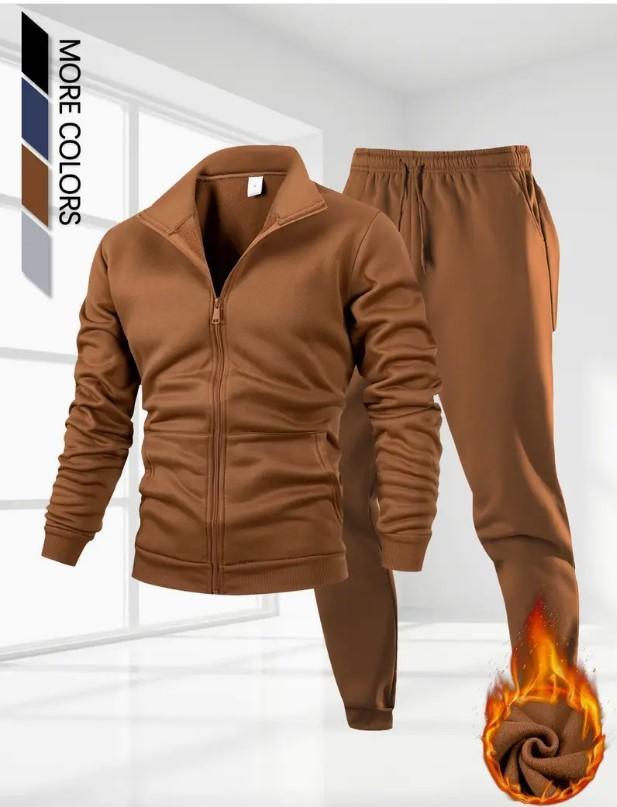 Men’s Premium Fleece Zipper Track Suit – 2 Pcs Plain Winter Activewear Set | Brown