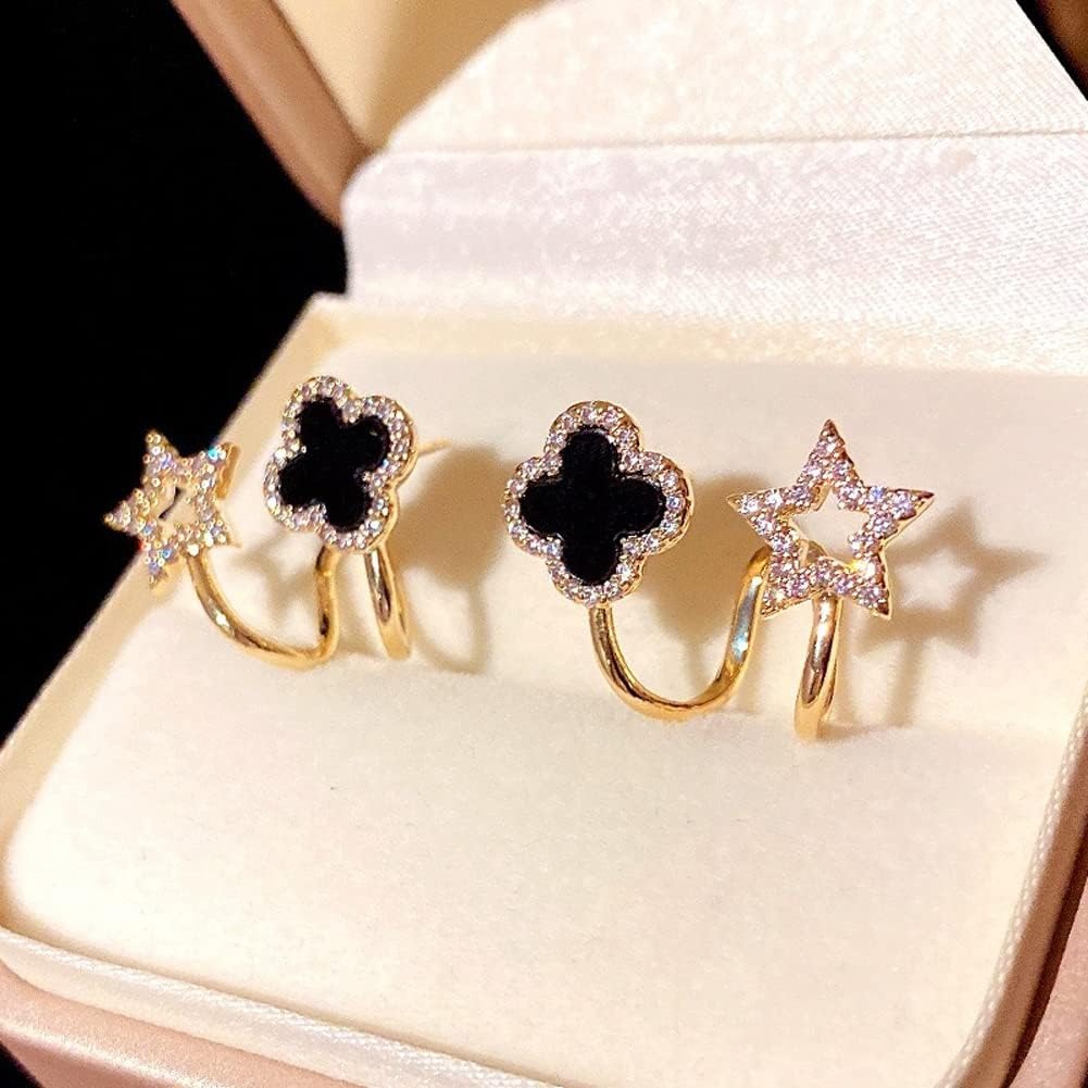 Sparkling Clover Star Earrings for Women – Gold-Plated Fashion Jewelry with Black Enamel & Crystal Detailing (PXJ-107) – Golden h1