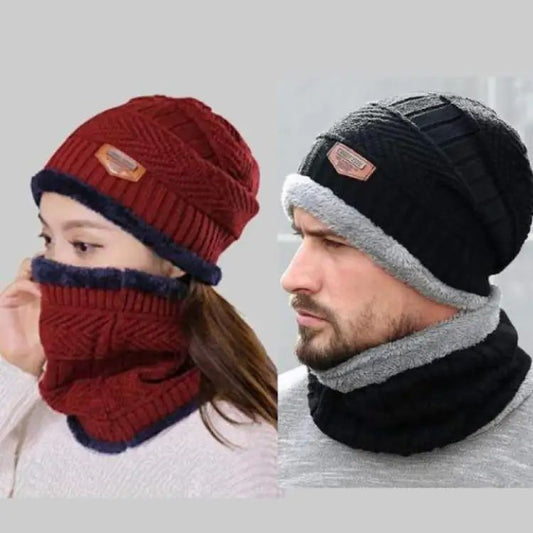 Winter Cap Beanie Hat Cap Neck Warmer Scarf Set Fleece Lined Skull Cap and Scarf Unisex Hat & Scarf Set Stylish Knit Skull Cap for Men Women (2 pcs) h1